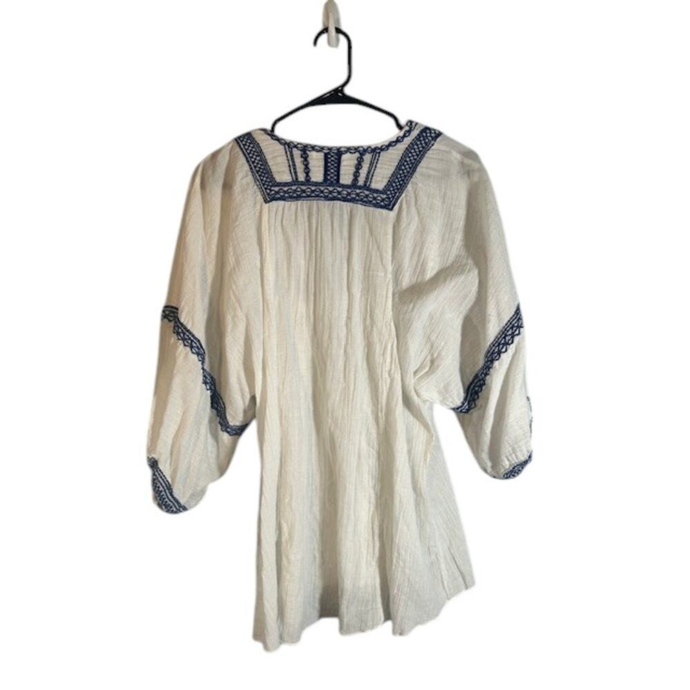 Max Studio Wide Sleeve Embroidered Cotton Boho Top Blouse White Blue Women Sm - Picture 2 of 9